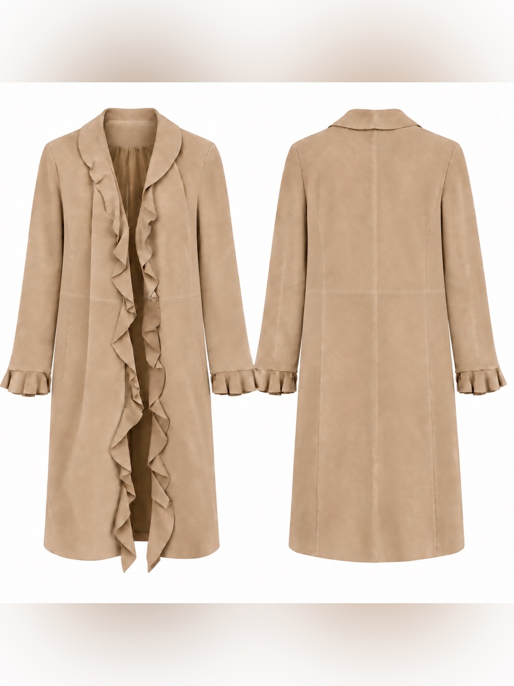 Vintage Boston Proper Y2K Genuine Suede Leather Ruffle Coat Tan Size 14